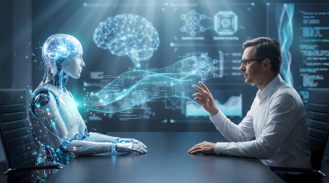 Human and artificial intelligence collaboration. AI communication technology. Future innovation concept. Futuristic digital illustration