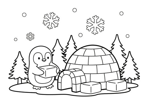 Cute penguin holding a gift in front of an igloo for a winter themed colouring page