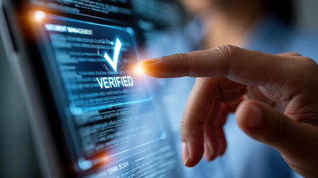Business professional touching verified checkmark on digital document management screen interface