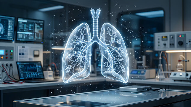 Glowing pulmonary anatomy model in clean research lab.