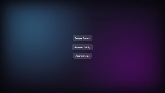 Dark gradient background shifts from deep blue to rich purple. Three minimalist buttons display key AI functions. Text labels read: "Analyze Content," "Generate Headline. Use