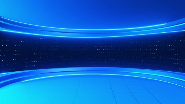 Modern blue virtual set visual smooth curved light strips, dotted digital wall, and clean presentation space. for broadcast videos, tech explainers, webinar openings, product ads, motion