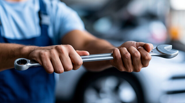 Faceless skilled technician performing car repair and maintenance using a wrench in a workshop, car repair, vehicle maintenance, auto workshop, mechanic tools, automotive