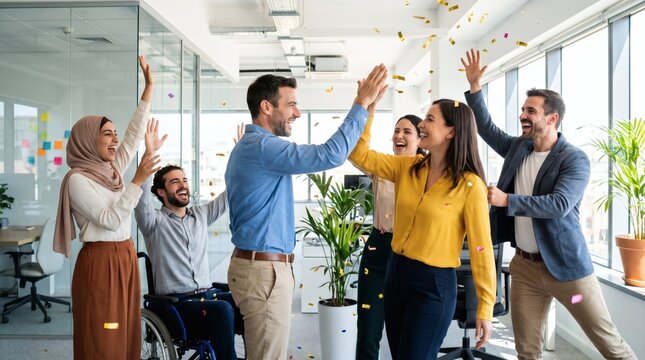 Diverse group of happy business colleagues celebrating success with confetti in modern office.