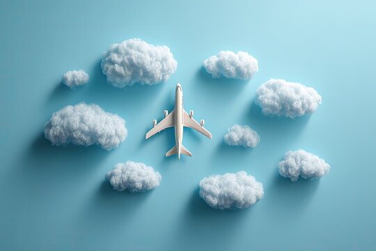 An overhead view of a miniature white airplane soaring amidst fluffy, scattered white clouds on a blue backdrop