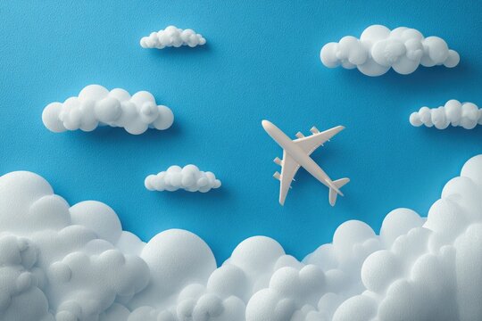 A whimsical, 3D-rendered airplane flies above a sea of fluffy clouds in a bright blue sky