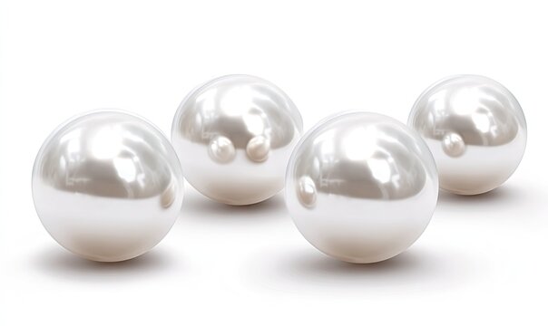 Four luminous white spheres with glossy surfaces reflect light, set against a clean, plain background