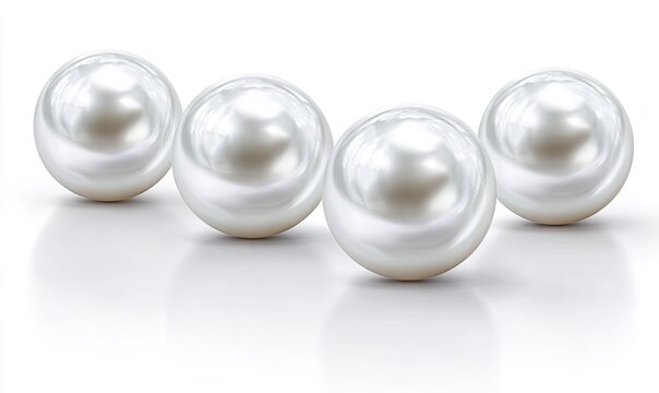 Four lustrous, spherical gems with soft shadows and bright highlights, resting on a reflective surface