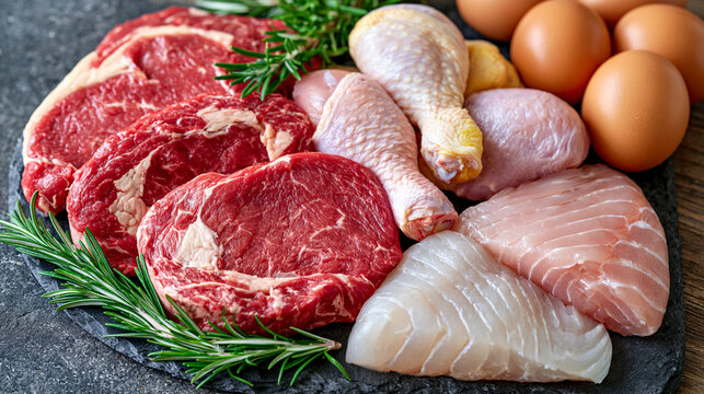 Overhead food photography of assorted raw protein ingredients including sirloin steaks, chicken legs, halibut fillets and organic eggs on a rustic slate background accented with fresh rosemary branc