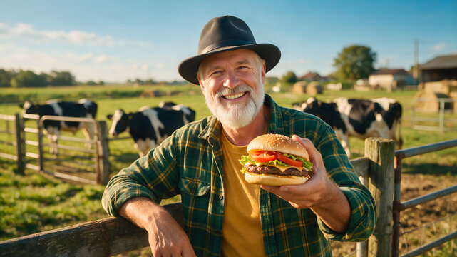Smiling senior farmer holding a fresh burger outdoors at a sunny cattle farm with cows in background