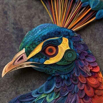 Close-up of a detailed paper-quilled peacock head, showcasing vibrant colors and intricate patterns