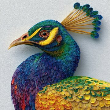 Detailed close-up of a colorful peacock's head, with vibrant blues, greens, and yellow. Feathers detailed