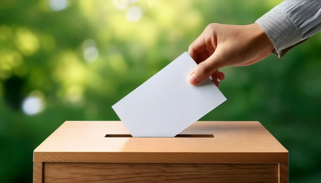 a hand gently places a white ballot into a wooden voting box symbolizing civic duty and participation in a democratic process against a blurred green backdrop