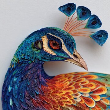 Close-up of a colorful, intricate paper quilling art piece depicting a regal peacock