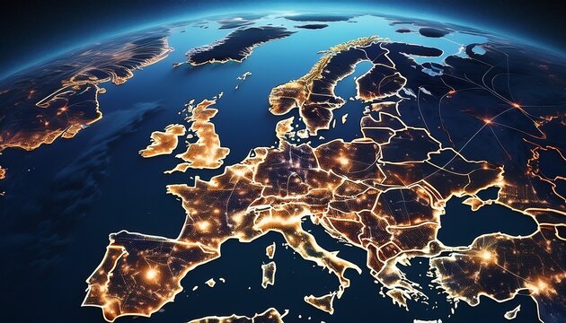 nighttime satellite image of europe showing illuminated cities highlighting urbanization and regional connectivity earth day
