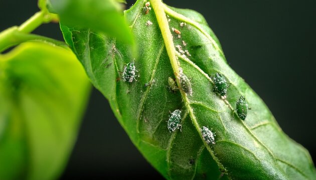 a pepper plant shows signs of aphids infestation the green plant stem and leaves are covered in small green aphids