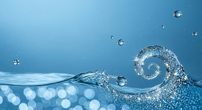 Dynamic curling water wave crest with splashing droplets and sparkling light bokeh effects against blue liquid surface for hydration freshness and purity advertising concept