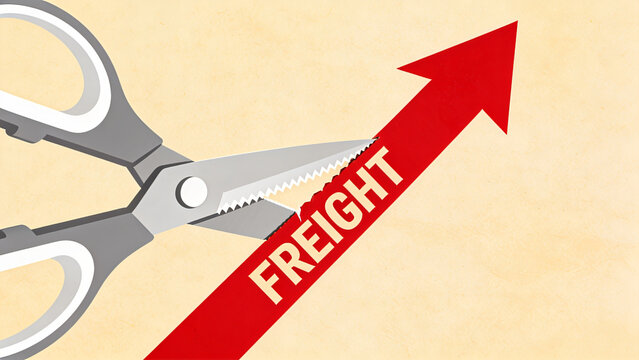 Scissors cutting red freight arrow representing cost reduction
