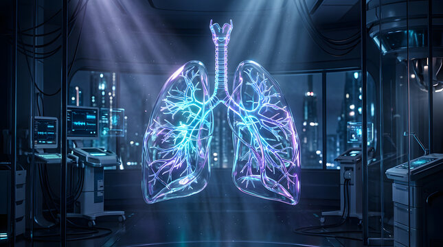 Glowing purple and blue holographic lungs in laboratory environment.