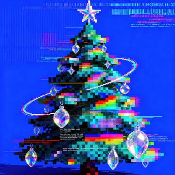 Glitch pixel Christmas tree with holographic crystal ornaments on blue background, futuristic digital holiday concept for seasonal technology design