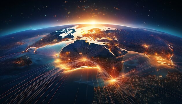 illuminated earth at night featuring city lights and a sunrise horizon with an authentic flight path network overlay