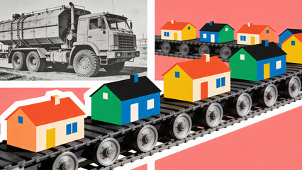 Obraz premium Industrial Mass Production of Tiny Colorful Homes on Moving Tracks