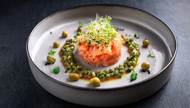 high angle photo of refined salmon and sea bream tartare garnished with green micro herbs and capers