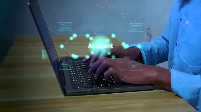 AI engineer using a laptop with AI agent interface, demonstrating intelligent workflow automation, enterprise task orchestration, digital assistant, and connected business operations.