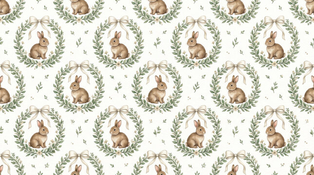 Seamless pattern with rabbits inside botanical wreaths and greenery.