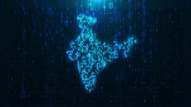 Glowing India data network visual bright binary map, blue code rain, and futuristic digital mood. for government tech clips, online services, data dashboards, cyber promos, and motion graphics.