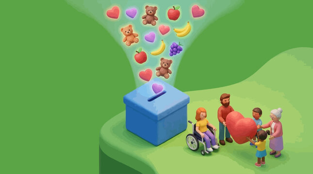 Isometric illustration of people donating to charity box.