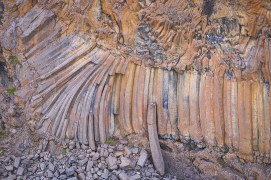 Thingeyjarsveit, Iceland - 17 June 2026: Aerial view of the basalt columns at Aldeyjarfoss, showcasing the intricate geometric rock formations and textures along the riverbank.