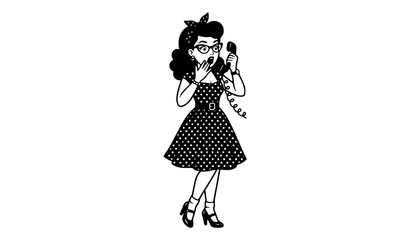 Fototapeta premium Retro Surprised Pin Up Girl Speaking on Vintage Phone Full Body Vector