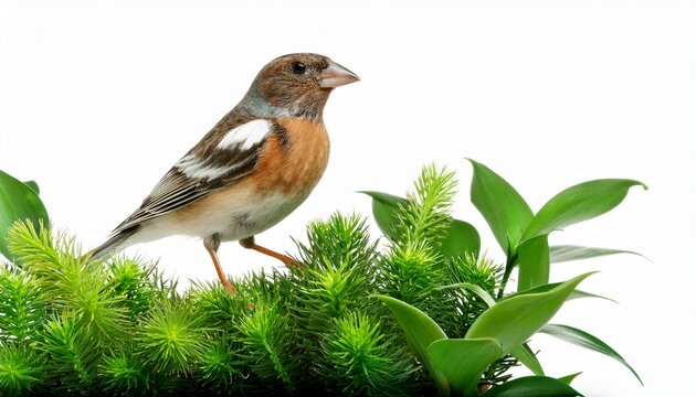 a bird perched on a green plant showcasing biodiversity and eco friendly habitats full length isolate on white background