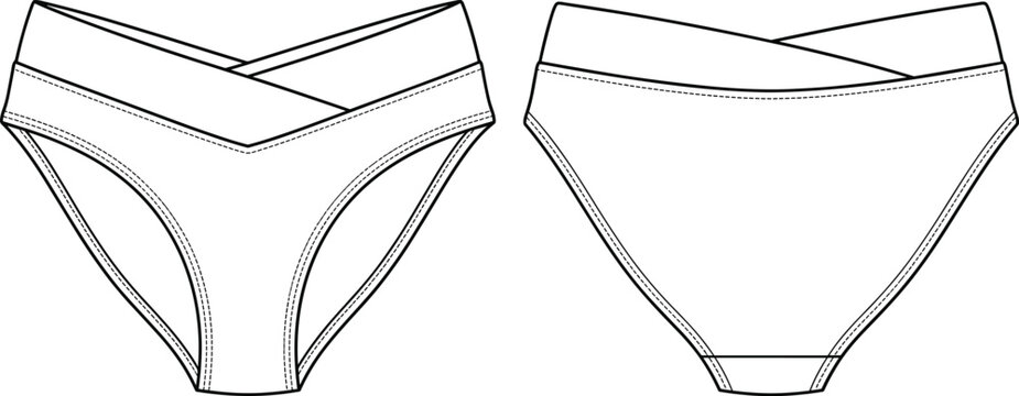 Women's Swimsuit Bottom Technical Drawing with Cross Over V-Waistband and Bikini Details