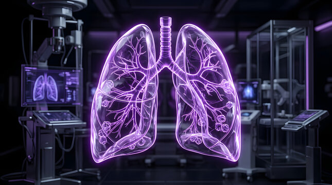 Glowing purple lung hologram in advanced medical diagnostic room.