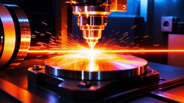 Close-up of a laser cutting machine engraving a metal disc with bright sparks in a dark industrial setting.