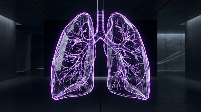 Glowing purple human lungs floating in minimalist room