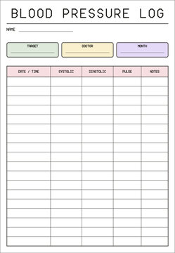 Blood pressure log page. Printable medical record table with date, systolic, diastolic and pulse columns plus a target range box. Blank health monitoring chart form for patient tracking