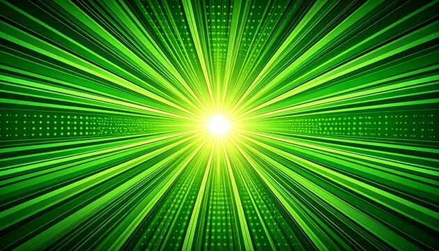 Dynamic green comic sunburst, vibrant radial speed lines radiating from a bright lime central glow. Green background and wallpaper
