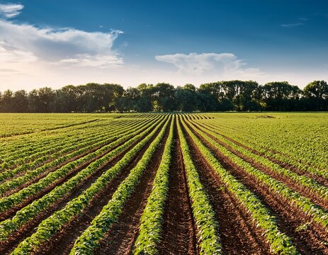cultivated farmland filled with orderly rows of lush soybean plants