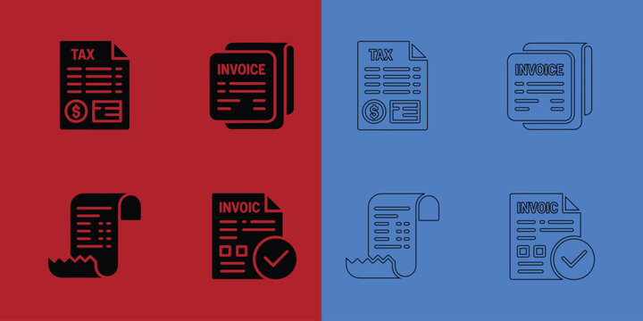 Collection of invoice and tax document in solid black and outline styles on red and blue split background