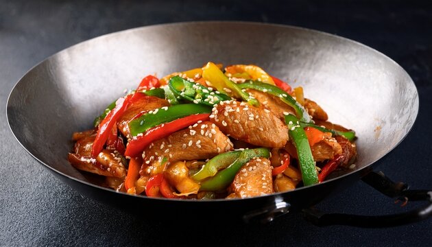 delicious korean stir fry dish with chicken bell peppers green onions and sesame seeds served in a traditional metal wok