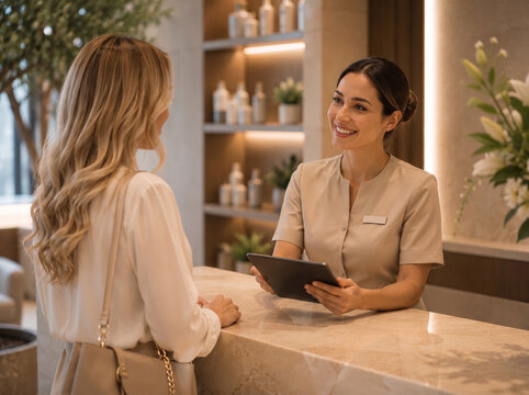 Luxury health and wellness clinic reception with a friendly professional receptionist welcoming a female client in a premium modern medical spa interior designed