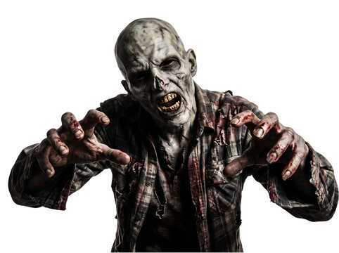 Scary undead zombie reaching forward with bloody hands isolated on black background for your creative halloween png design projects and horror themed graphic art compositions