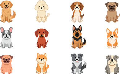 Obraz premium Cute dog breeds set with various domestic puppies, vector illustration
