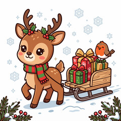 Fototapeta premium Cute Kawaii Deer Pulling Wooden Sled Vector