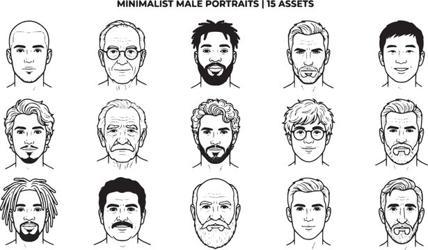 Diverse Male Portrait Line Art Collection Minimalist Men Faces Set