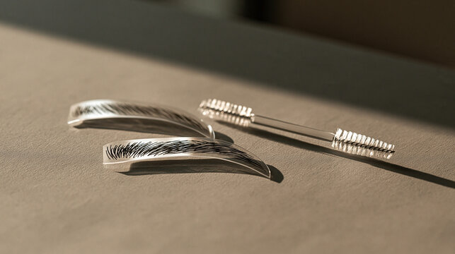 Split-frame eyebrow comparison with two shape templates and spoolie brush, brow design and shaping concept
