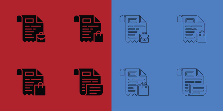 Eight document and shopping featuring briefcases and bags on split red and blue background, for business